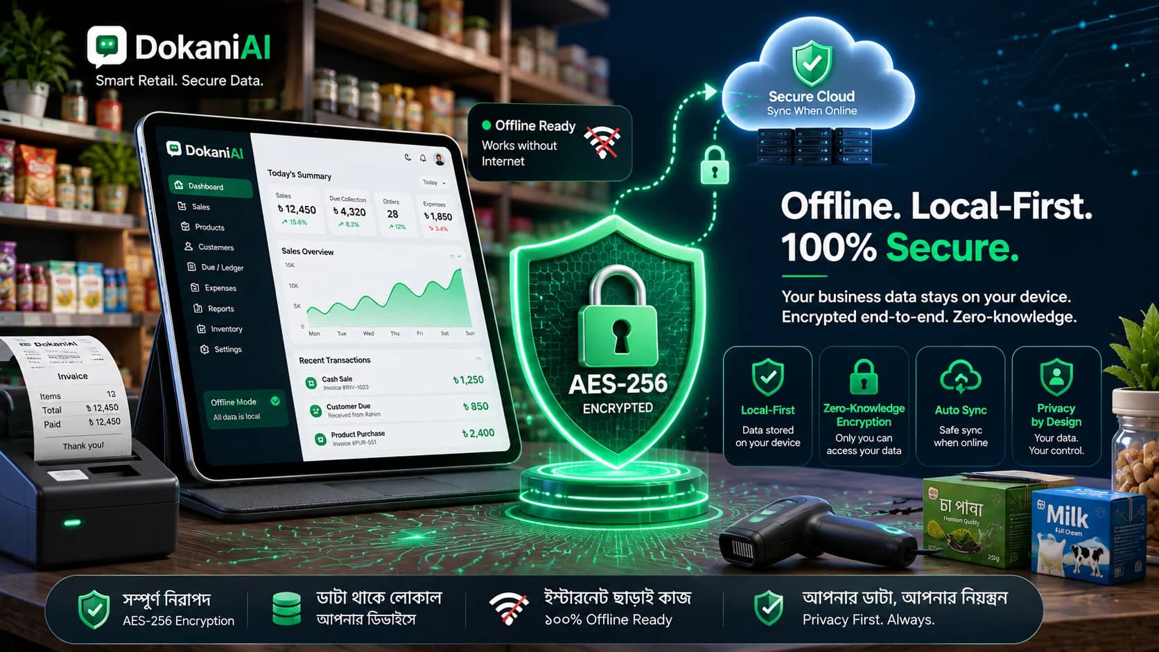 DokaniAI অফলাইন লোকাল-ফার্স্ট এবং জিরো-নলেজ এনক্রিপ্টেড দোকান হিসাব ব্যবস্থা